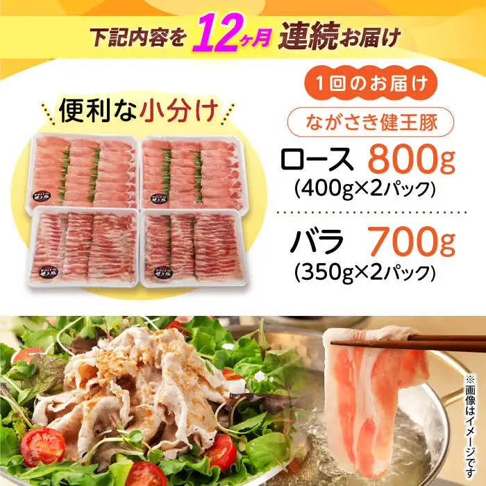 【12回定期便】ながさき健王豚しゃぶしゃぶ用(ロース:400g×2パック・バラ:350g×2パック)　/　豚　豚肉　しゃぶしゃぶ　ロース　バラ　うす切り　/　諫早市　/　長崎県央農業協同組合Aコープ本部 [AHAA017]