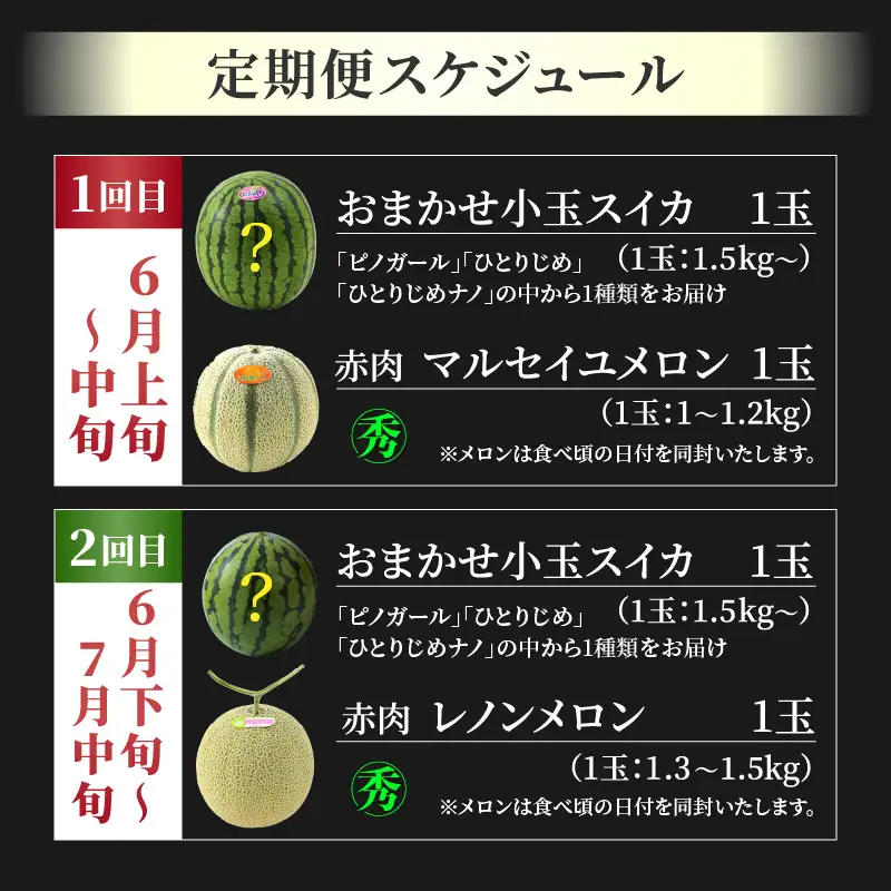 【先行予約】《定期便全2回》スイカとメロン大好きな人集まれ！第2弾！（小玉スイカ・マルセイユメロン・赤肉レノンメロン）計4玉 農家直送 秀品 お届け！/ 佐藤農園 フルーツ くだもの 果物 贈答 特産 旬 夏  完熟 すいか メロン 朝どれ 美味しい お取り寄せ 野菜 ※2027年5月下旬～7月末の間に順次発送 [aw069-b003]