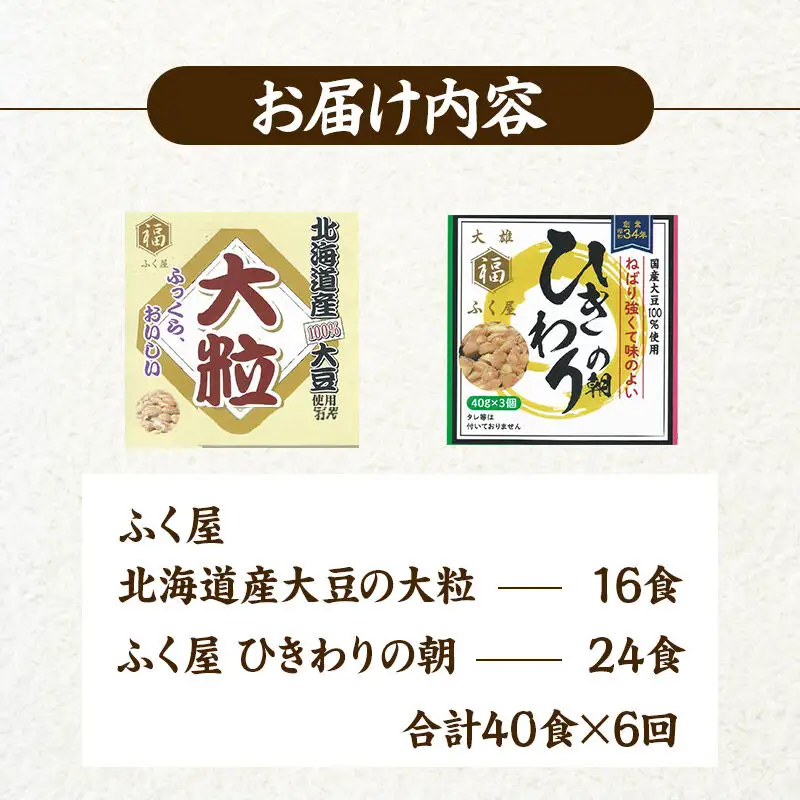 《定期便6ヶ月》ふく屋 納豆2種セット(大粒・ひきわり) 計40食入(大粒×16食／ひきわり×24食)