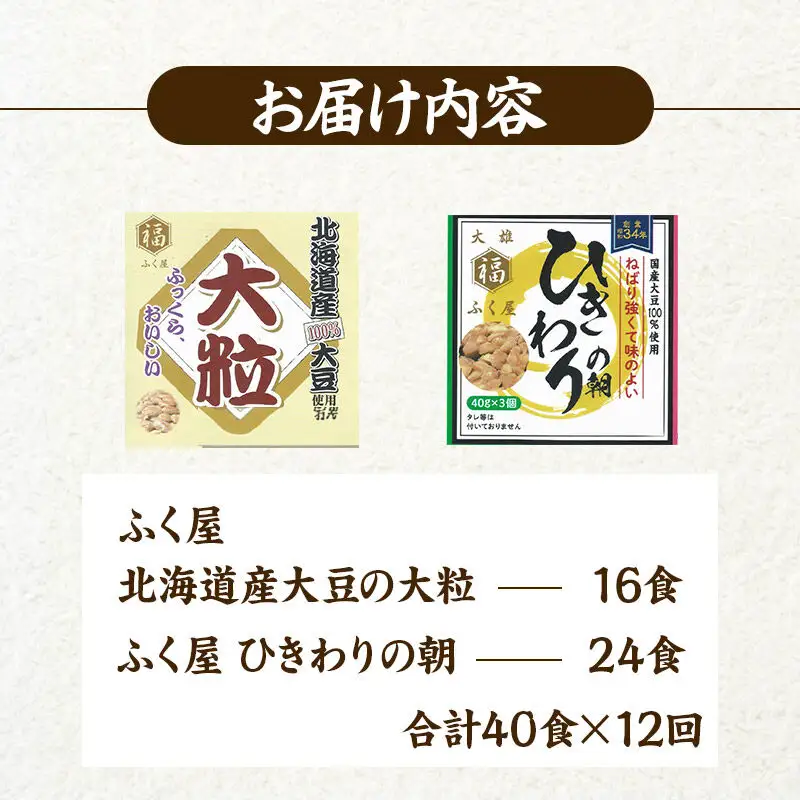 《定期便12ヶ月》ふく屋 納豆2種セット(大粒・ひきわり) 計40食入(大粒×16食／ひきわり×24食)