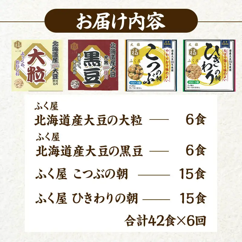 《定期便6ヶ月》ふく屋 納豆4種セット(大粒・黒豆・こつぶ・ひきわり)  計42食入(大粒・黒豆×各6食／こつぶ・ひきわり×各15食)