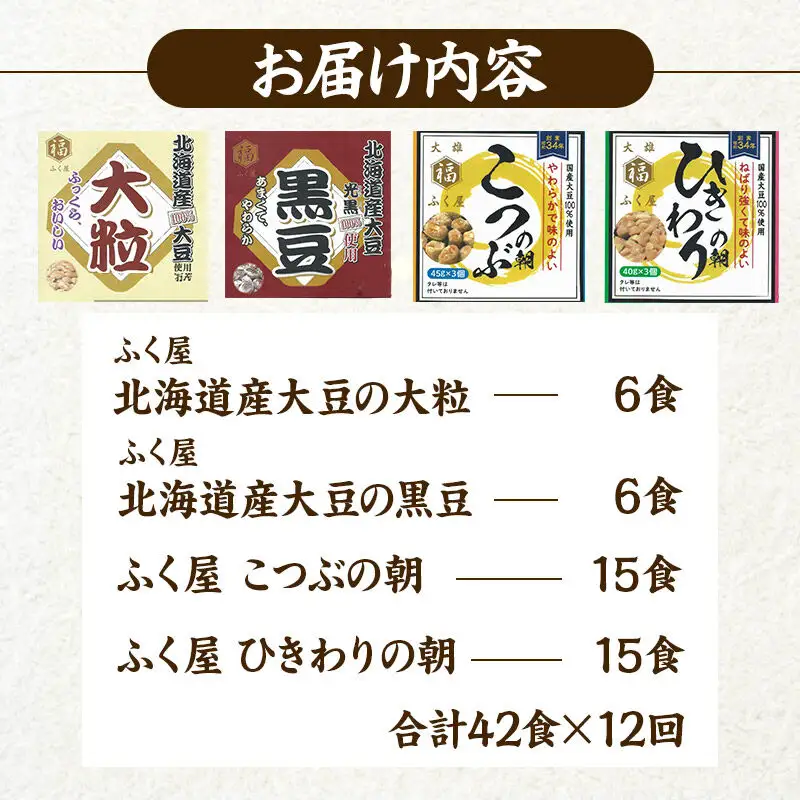 《定期便12ヶ月》ふく屋 納豆4種セット(大粒・黒豆・こつぶ・ひきわり)  計42食入(大粒・黒豆×各6食／こつぶ・ひきわり×各15食)