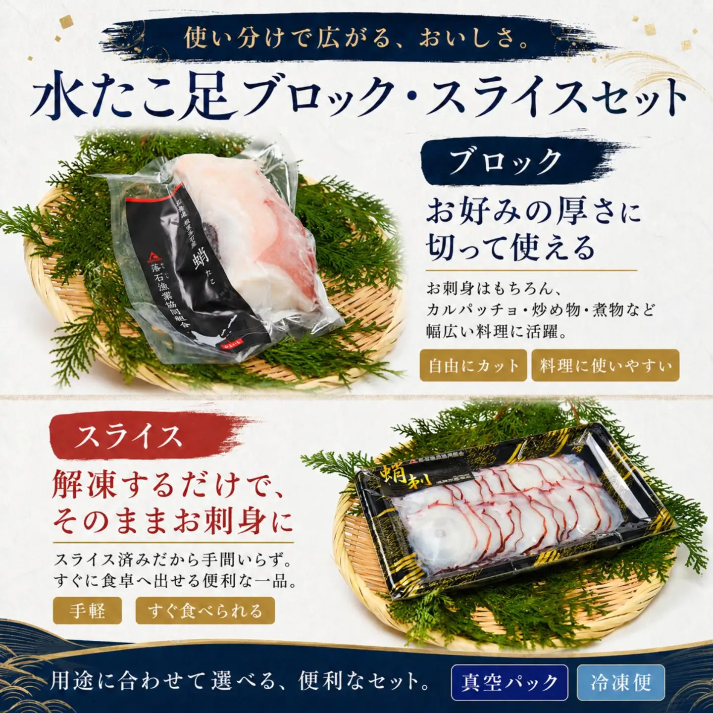 【北海道根室産】ボイル水たこ足ブロック500g×2P、スライス150g×2P C-20006