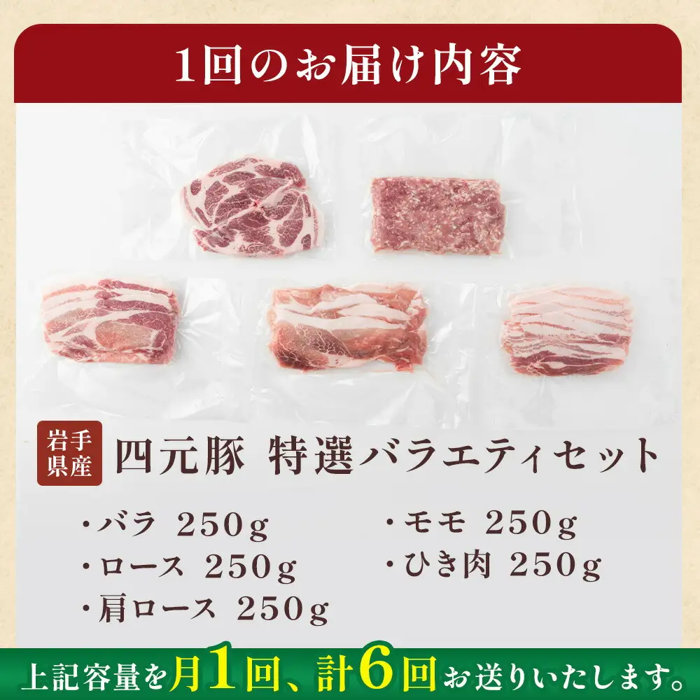 6ヶ月定期便  岩手ブランド豚 四元豚 おまかせ カット肉 ＆ ひき肉 セット 約1.25kg GIFTON ロース バラ 肩ロース モモ ひき肉 合計約1.25kg×6回 定期便 豚肉 お歳暮 お中元  ギフト プレゼント 母の日 父の日 誕生日 お祝い 卒業祝い 入学祝い バーベキュー BBQ 焼肉 ファミリー パーティー 子供会  岩手県 北上市 ごえん 株式会社  J0071