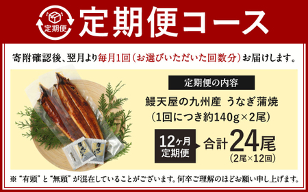 【12ヶ月定期便】鰻天屋 九州産うなぎ 蒲焼 約140g×2尾 セット 合計24尾 たれ 山椒 鰻 ウナギ 蒲焼き 国産 冷凍 鹿児島、宮崎、熊本等産うなぎ原料使用
