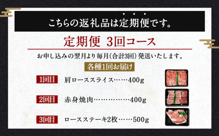 【3ヶ月定期便】＜宮崎牛 ローススライス・赤身焼肉・ロースステーキ＞お申込みの翌月下旬頃に第一回目発送（12月は中旬頃）【c1331_ya】 宮崎牛 牛肉 黒毛和牛 ロース スライス 赤身 焼肉 ステーキ 極上 肉質 宮崎県産 定期便