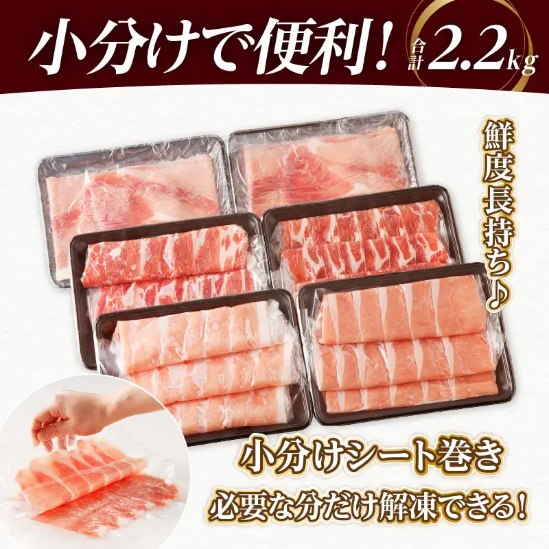 【2週間以内発送】全部小分けシート巻き!!宮崎県産豚しゃぶしゃぶ3種盛りセット合計2.2kg 肉 豚 豚肉 おかず 国産_T041-0055-2W