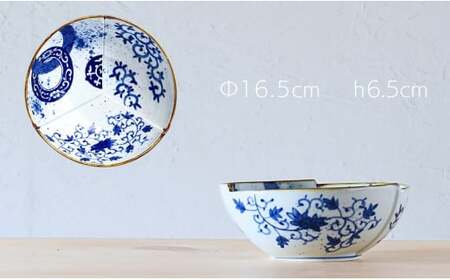 染付絵変りと白釉縁錆の三方つなぎボール 2個セット【ARITAYAKI-STORE】食器 器 うつわ 高級食器 和食器 サラダボール 軽い器 ek017