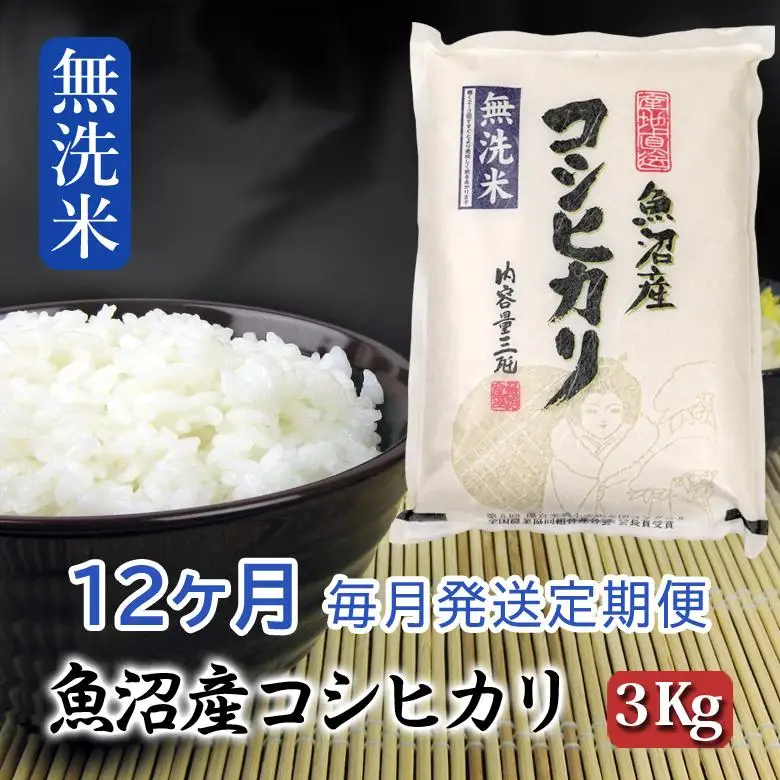 【無洗米】お米マイスター厳選！魚沼産コシヒカリ３kg×12ヶ月毎月発送 定期便 新潟県