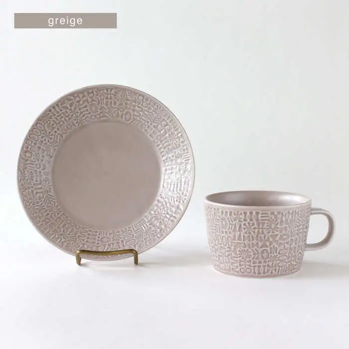 【波佐見焼】PATTERNED PLATE・MUG ペア 4点セット greige + antique rose　【BIRDS’ WORDS】[CF083]