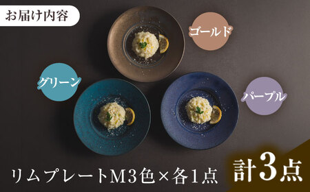 【美濃焼】 恩田陽子 リムプレート 皿 M 3色各1点 計3点セット グリーン ゴールド パープル 瑞浪市 / JS企画 食器 プレート おしゃれ セット [AZAZ033]