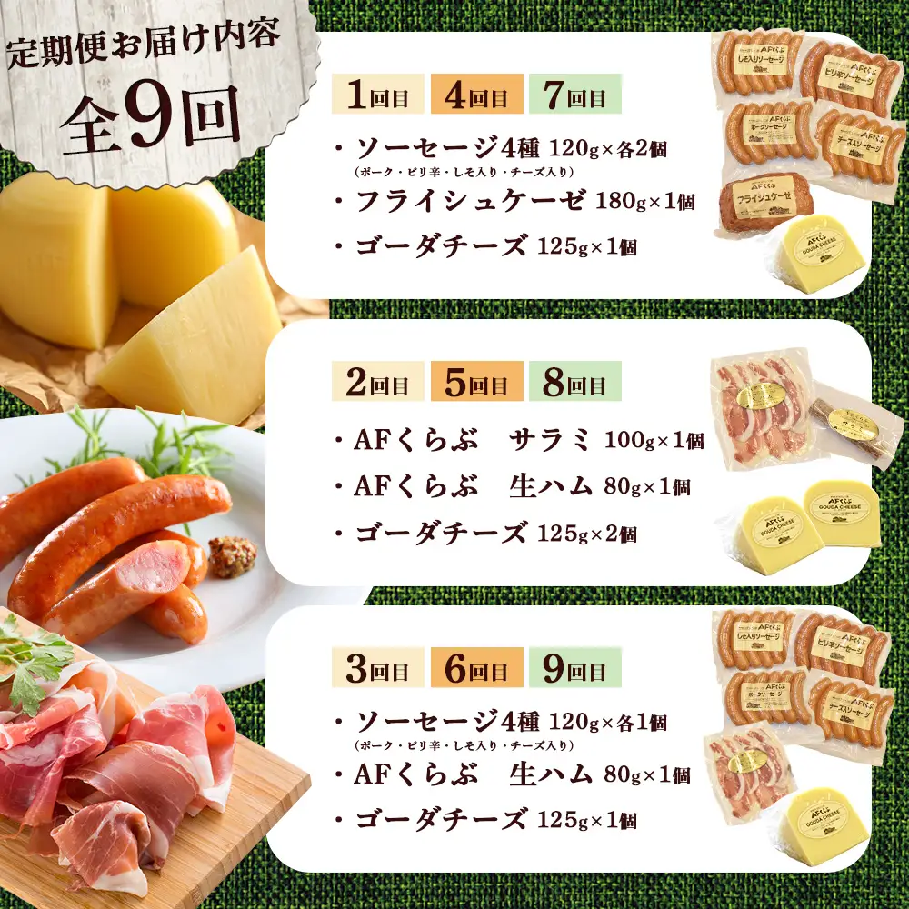 【定期便：全9回】 チーズ・ハム・ソーセージ 北海道 AFくらぶ 8種よくばりセット【1701501】