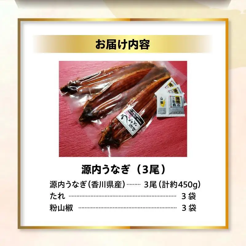 【お歳暮ギフト】源内 うなぎの蒲焼 3尾 ( 150g × 3尾 ) 香川県産 ｜ うなぎ 蒲焼 たれ・粉山椒付き お歳暮