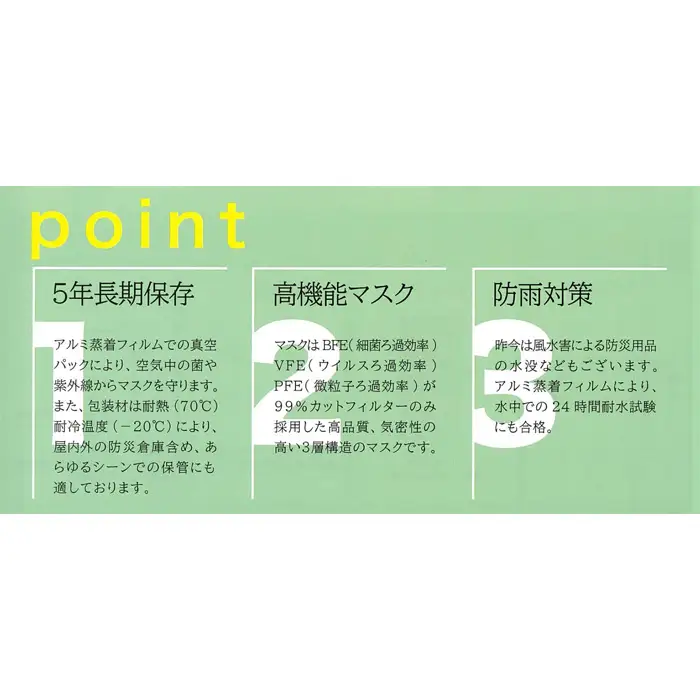 災害時長期備蓄用 不織布3層マスク 12枚入 3袋 | 防災用品 防災用備蓄 長期保存 真空パック 脱炭素材 シリカゲル 封入 品質保持 耐冷 耐水 埼玉県 越谷市
