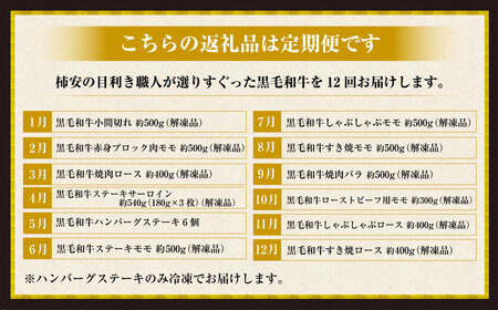 柿安本店　柿安黒毛和牛食べくらべセット【定期便12ヶ月】　国産　牛肉　赤身　厳選　上質　すき焼　焼肉　サーロインステーキ　ローストビーフ　しゃぶしゃぶ　ロース　モモ　ブロック肉　バラ　ハンバーグ　小間切れ　逸品　おすすめ　グルメ　f_07