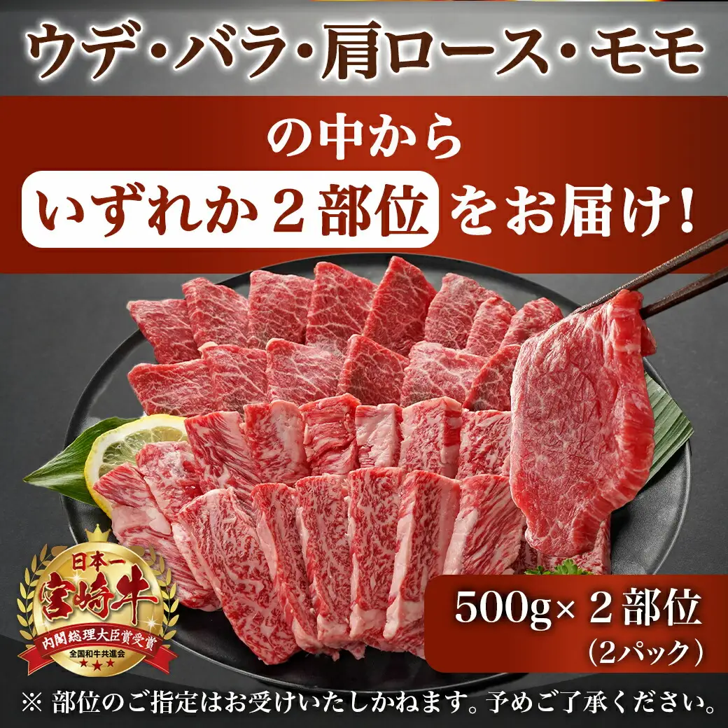 宮崎牛ミックスカルビ焼肉500g×2≪みやこんじょ快速便≫〔AC-8916-R〕_(都城市) 宮崎県産宮崎牛 ミックスカルビ焼肉 ウデ/バラ/肩ロース/モモ いずれか２部位 冷凍配送