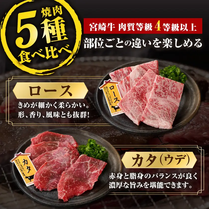 宮崎牛バラエティ焼肉セット1kg〔22-89-004-1kg〕_(都城市) 宮崎県産 宮崎牛 ロース ウデ バラ 肩ロース モモ バラエティセット 食べ比べ 霜降り コク 旨み 和牛 牛肉 肉 霜降り コク 風味 ごちそう 部位 5種 赤身