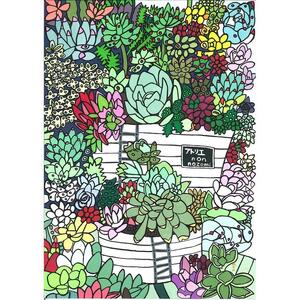 タニク植物の花にサボテンの花畑 〔複製画（A4サイズ）〕 （額付き）絵：徳原望
