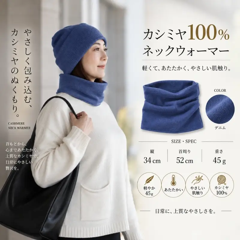 100％ピュアカシミヤ スヌード ネックウォーマー ネイビー