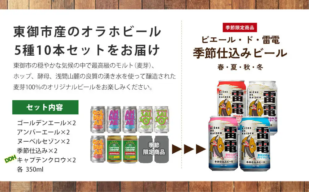 【クラフトビール】季節の10本セット 飲み比べ（ゴールデンエール、アンバーエール、ヌーベルセゾン、キャプテンクロウDDH、ビエール・ド・雷電季節仕込み）｜オラホビール