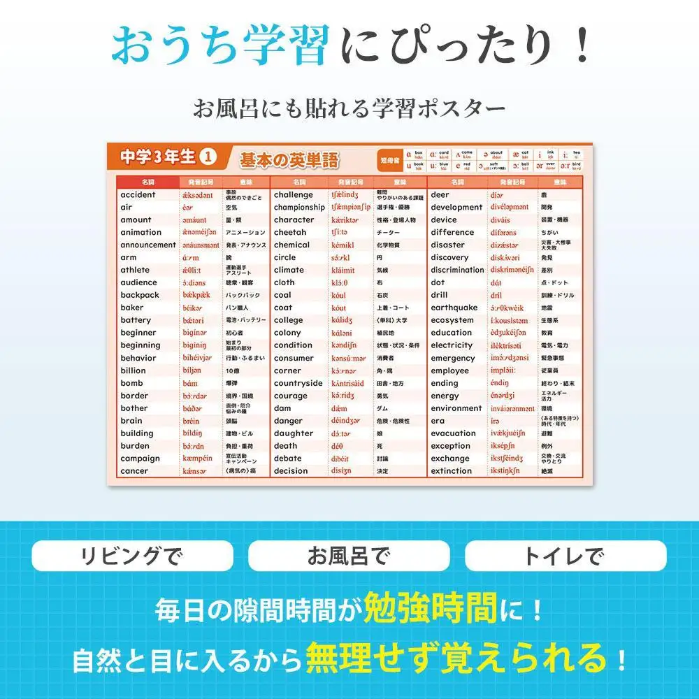 学習ポスター　英語　中学三年　基本の英単語【A4ユポ紙6枚＋A4コート紙6枚セット】