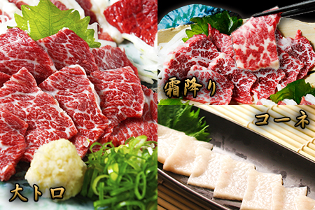 特上馬刺しセット(約150g)【純国産熊本肥育】大トロ馬刺し(50g)、霜降り馬刺し(50g)、コーネ(50g)《30日以内に出荷予定(土日祝除く)》 st-p