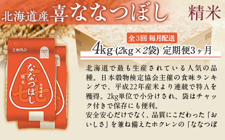 【3ヶ月定期配送】（精米4kg）ホクレン喜ななつぼし（2kg×2袋） MKWAI067