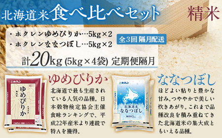 【隔月3回配送】（精米20kg）食べ比べセット（ゆめぴりか、ななつぼし） MKWAI120