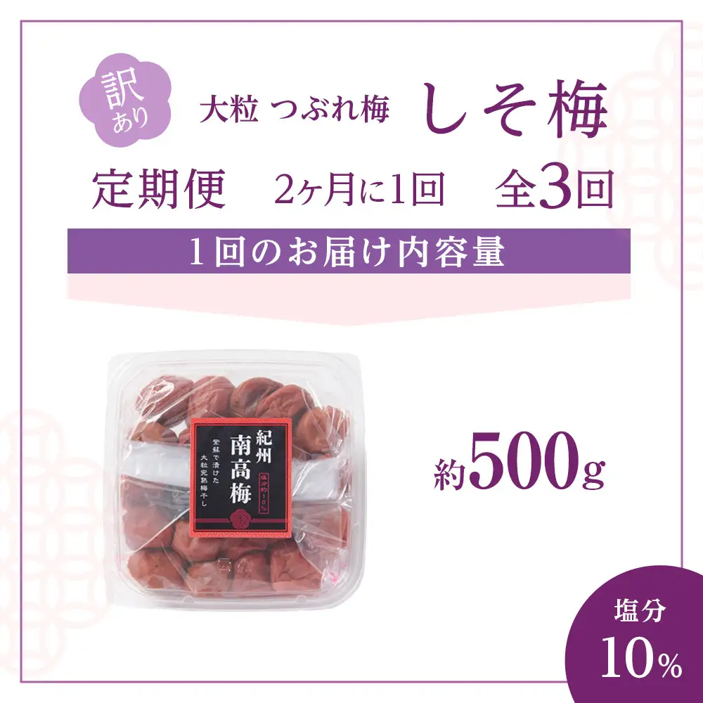 訳あり 梅干し 大粒 大玉 つぶれ梅 しそ梅 約500g × 3回 塩分10％ [ 定期便 2か月に１回発送・全3回 ]