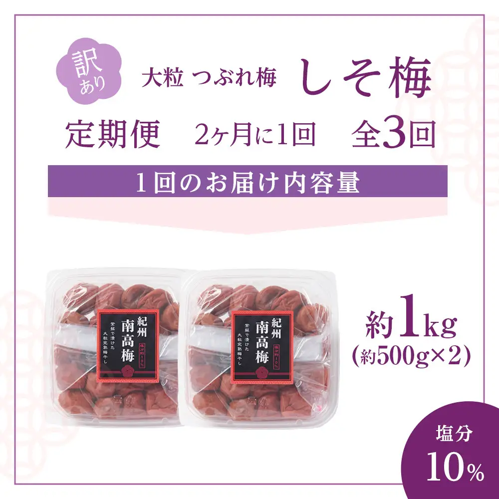 訳あり 梅干し 大粒 大玉 つぶれ梅 しそ梅 約1kg (500g×2)  × 3回 塩分10% [ 定期便 2か月に１回発送・全3回 ]
