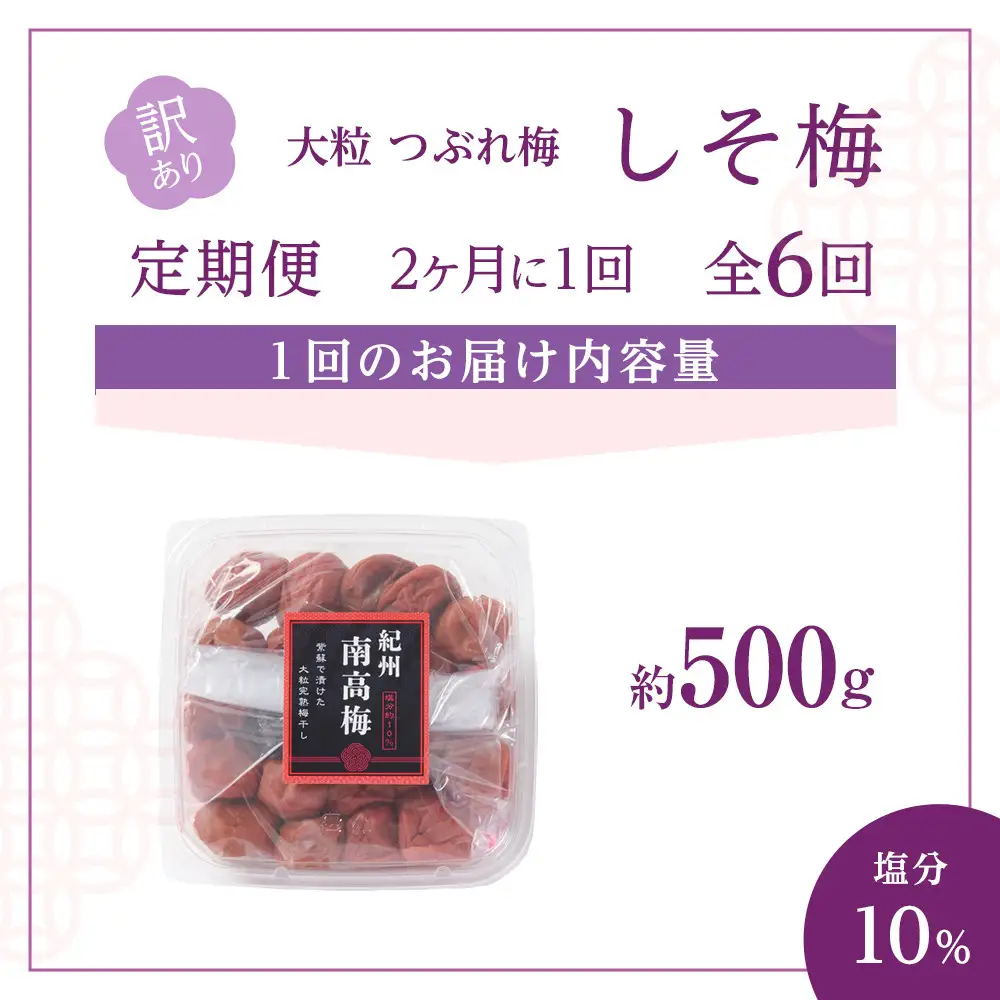 訳あり 梅干し 大粒 大玉 つぶれ梅 しそ梅 約500g × 6回 塩分10％ [ 定期便 2か月に１回発送・全6回 ]