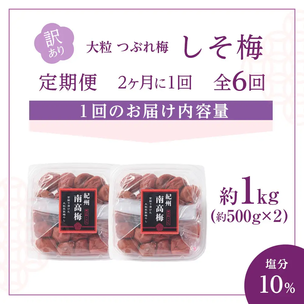 訳あり 梅干し 大粒 大玉 つぶれ梅 しそ梅 約1kg (500g×2)  × 6回 塩分10% [ 定期便 2か月に１回発送・全6回 ]