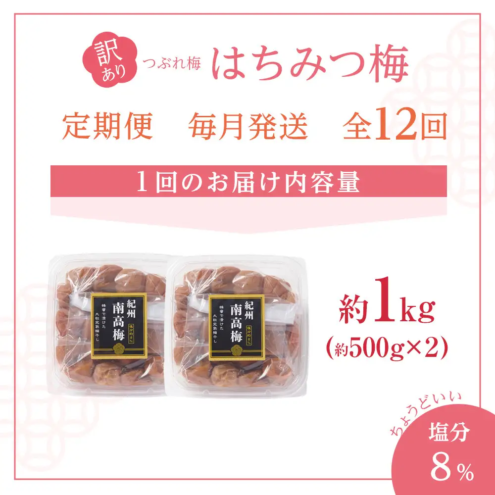 訳あり 梅干し 大粒 大玉 つぶれ梅 はちみつ梅 約1kg(500g×2) × 12回  塩分8％ [ 定期便 毎月発送・全12回 ]