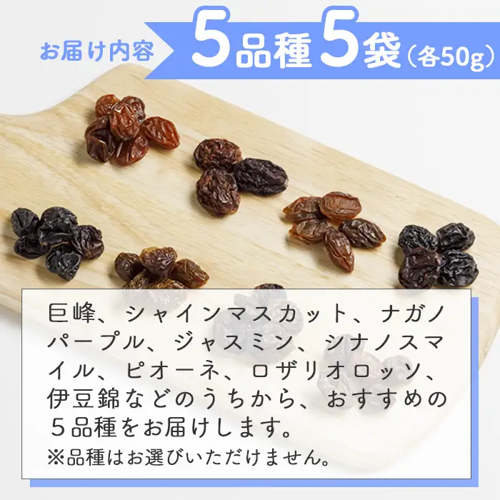 【秀果園】ぶどう農家のセミドライぶどう5品種5袋 250g (各50g)|巨峰、シャインマスカット、ナガノパープルなど　レーズン 砂糖不使用 無添加