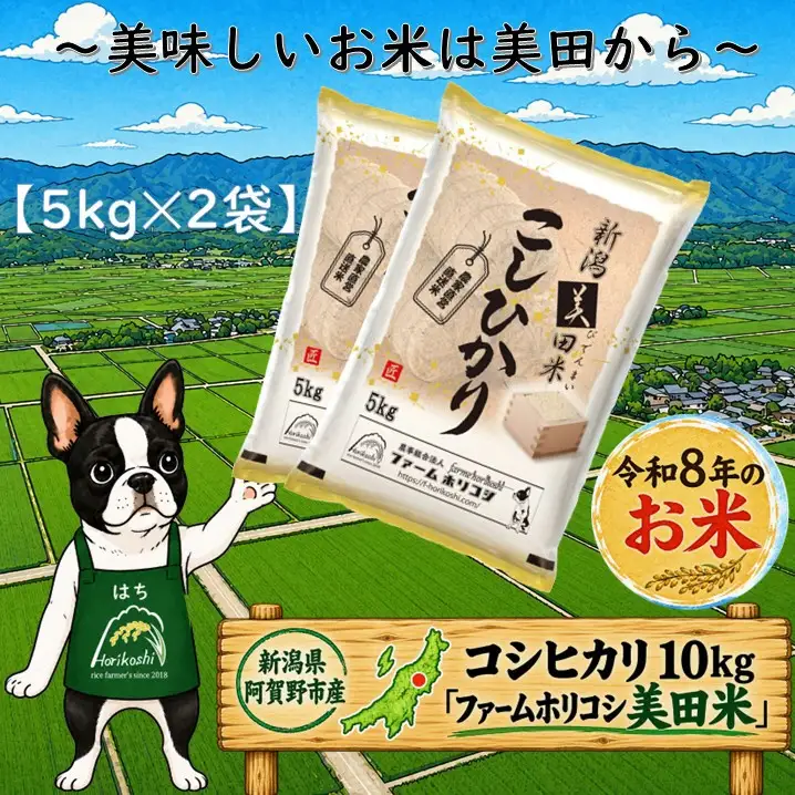 【令和8年産新米予約】阿賀野市産 コシヒカリ 「ファームホリコシ美田米」 10kg（5kg×2袋） 白米 精米 新潟県 米 こめ コメ 9月下旬～10月上旬頃より発送開始予定 3H04024