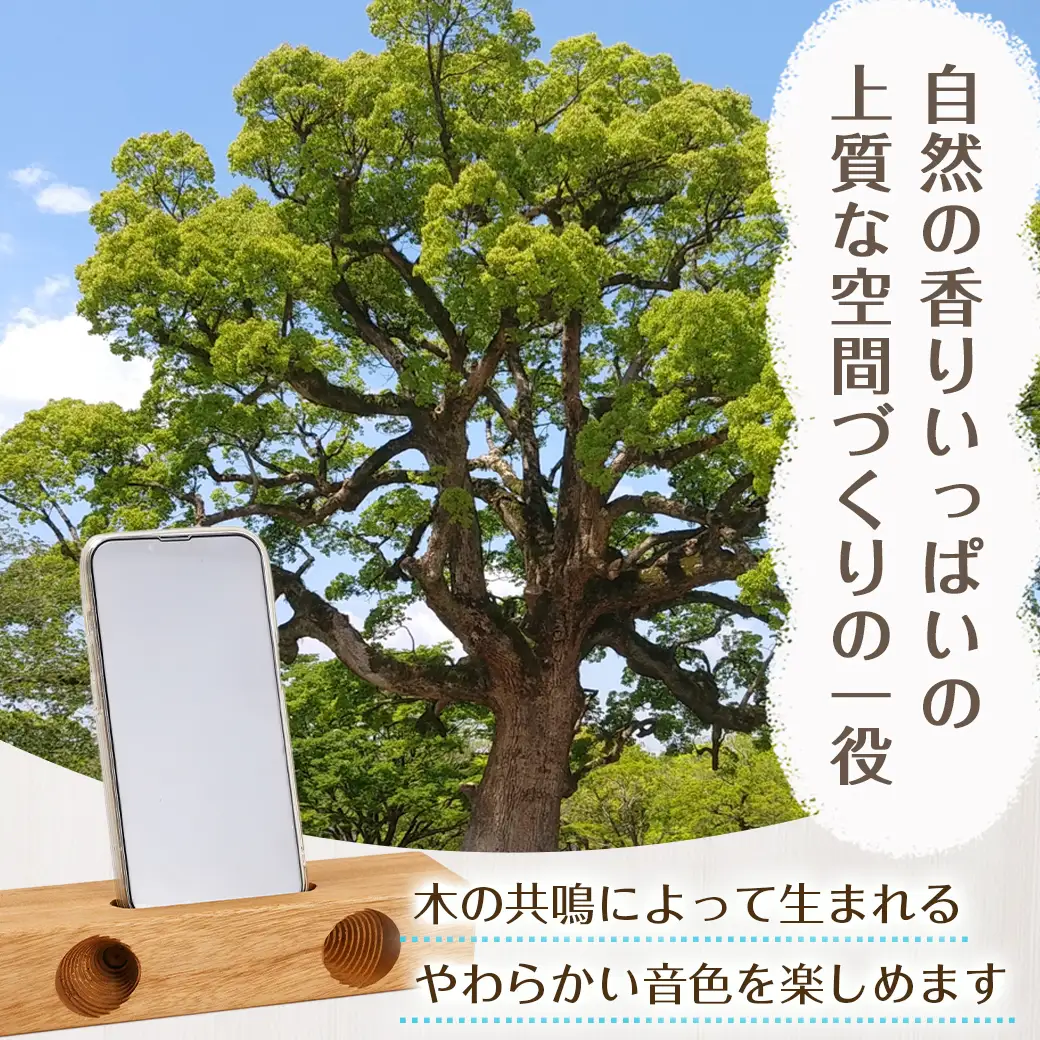 楠の木のウッドスマホスピーカー(ボックス形)〔LE-4301〕_(都城市) 国産 楠の木 くすのき 天然木 無垢材 自然の香り 木製家具製造メーカー 橋詰家具 はしづめ家具 スピーカー 電池・電源不要 アウトドア 日本製