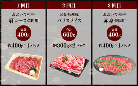 173-1286 【6ヶ月定期便】 毎月違うセットが届く！おおいた和牛＆大分県産豚肉セット 合計約2.9kg 1回あたり約400g～約600g 牛肉 豚肉 おおいた和牛 食べ比べ セット ソース付き ロース 肩ロース 切落し バラ 豚バラ 赤身 ステーキ 焼肉 スライス BBQ バーベキュー お取り寄せ グルメ 大分県産