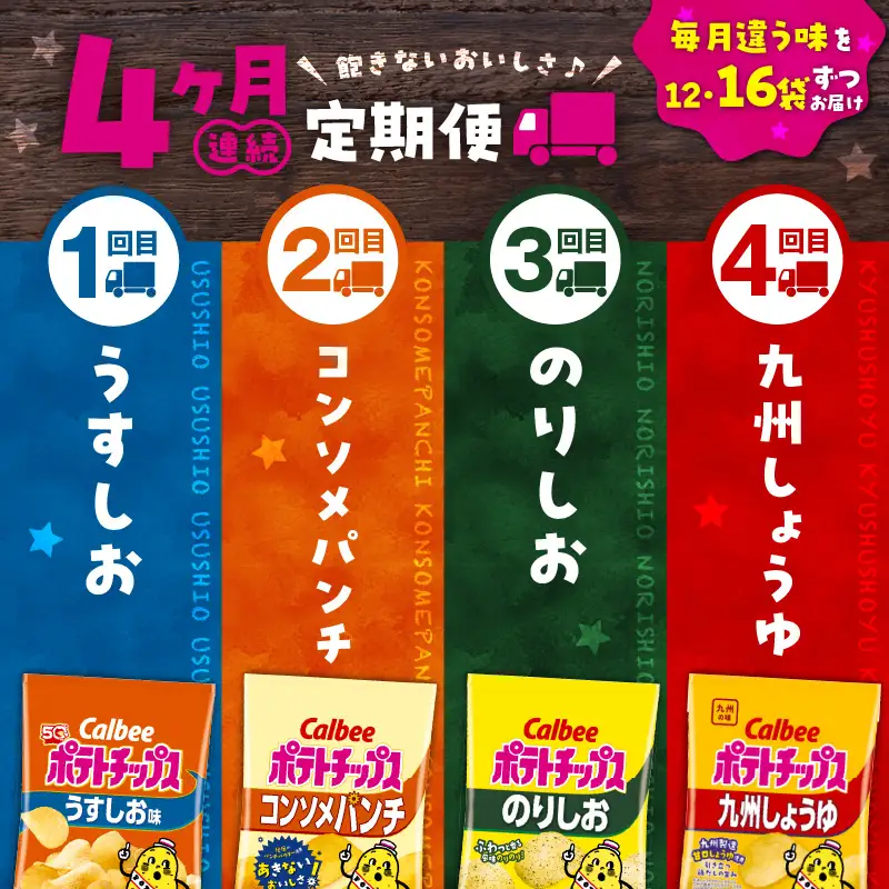 【4ヶ月定期便】カルビー ポテトチップス 食べ比べ4種【うすしお、コンソメパンチ、のりしお、九州しょうゆ】 K194-T01 菓子
