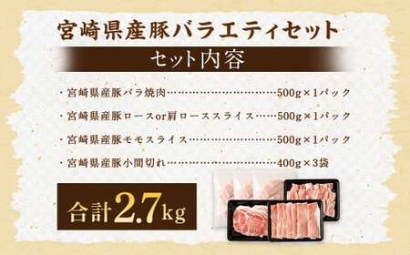 ＜宮崎県産豚 バラエティセット 計2.7kg＞入金確認後、翌月末迄に順次出荷【c1439_mc_x1】 バラエティセット 4種 合計2.7kg 豚バラ焼肉 豚ロースor肩ローススライス 豚モモスライス 豚小間切れ 豚ロース 肩ロース 豚肉 豚 肉 精肉 料理 宮崎県産 宮崎県 宮崎 みやざき 高鍋町 冷凍