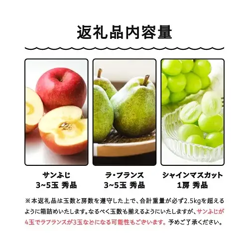 令和8年産 山形秋果実満喫セット サンふじ ラフランス シャインマスカット 秀品 3種 詰め合わせ 計2.5kg 化粧箱入り ns-fsrls2500