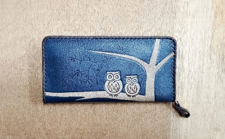 ☆世界にひとつだけ☆ L型小銭入れ付きファスナー財布 ☆ふくろう☆ ディープグリーン 山羊革 財布 お財布 長財布