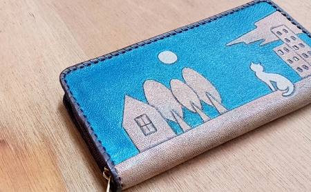 ☆世界にひとつだけ☆ L型小銭入れ付きファスナー財布☆ねこ☆ パールスカイブルー 山羊革 財布 お財布 長財布