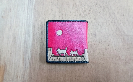 ☆世界にたった一つ☆　おさんぽねこの二つ折り財布　☆イタリアンレッド☆ 財布 お財布 二つ折り