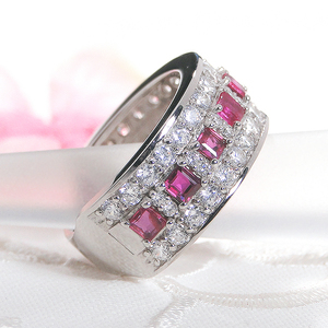 指輪 プラチナ PT900 ダイヤモンド 1.2ct 幅広 ルビー スクエア 誕生石 レディースリング 大ぶり ゴージャス ジュエリー【f249-pt-ru】 ALPAZ135