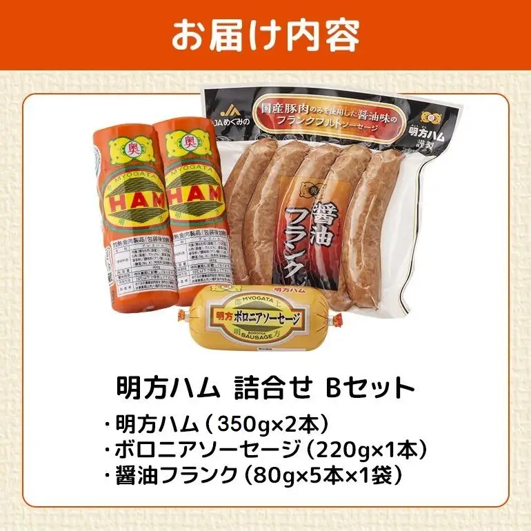 明方ハム 詰合せ Bセット 明方ハム ボロニアソーセージ 醤油フランク 特産品 加工品 農協
