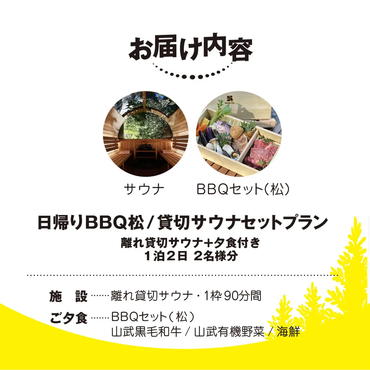 Render Fika 日帰り BBQ松(山武黒毛和牛,有機野菜,海鮮) / 貸切サウナセットプラン （2名様分）【 ふるさと納税 人気 おすすめ ランキング BQQ バーベキュー レジャー 日帰り サウナ 大自然 千葉県 山武市 送料無料 】 SMCJ008
