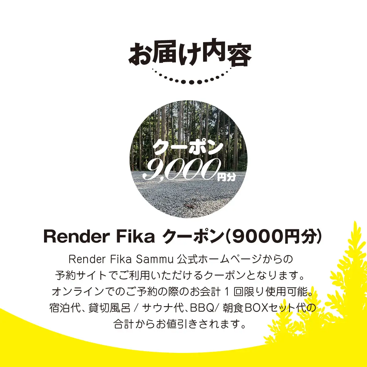 Render Fikaクーポン（9,000円分）【 ふるさと納税 人気 おすすめ ランキング 露天風呂 温泉 サウナ BQQ バーベキュー レジャー 日帰り 大自然 千葉県 山武市 送料無料 】 SMCJ009