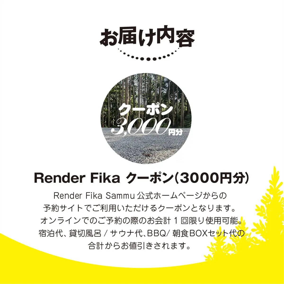 Render Fikaクーポン（3,000円分）【 ふるさと納税 人気 おすすめ ランキング 露天風呂 温泉 サウナ BQQ バーベキュー レジャー 日帰り 大自然 千葉県 山武市 送料無料 】 SMCJ011