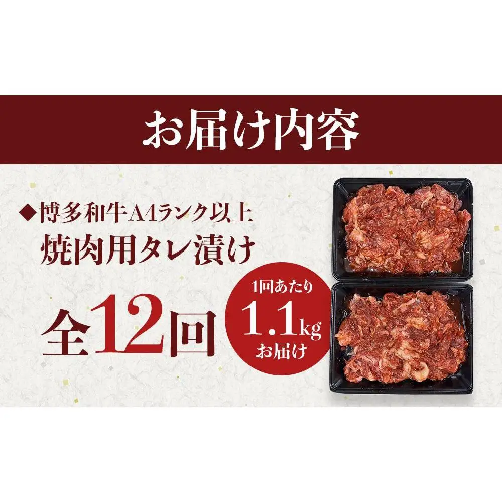 【定期便全12回】博多和牛A4ランク以上焼肉用タレ漬１.1kg