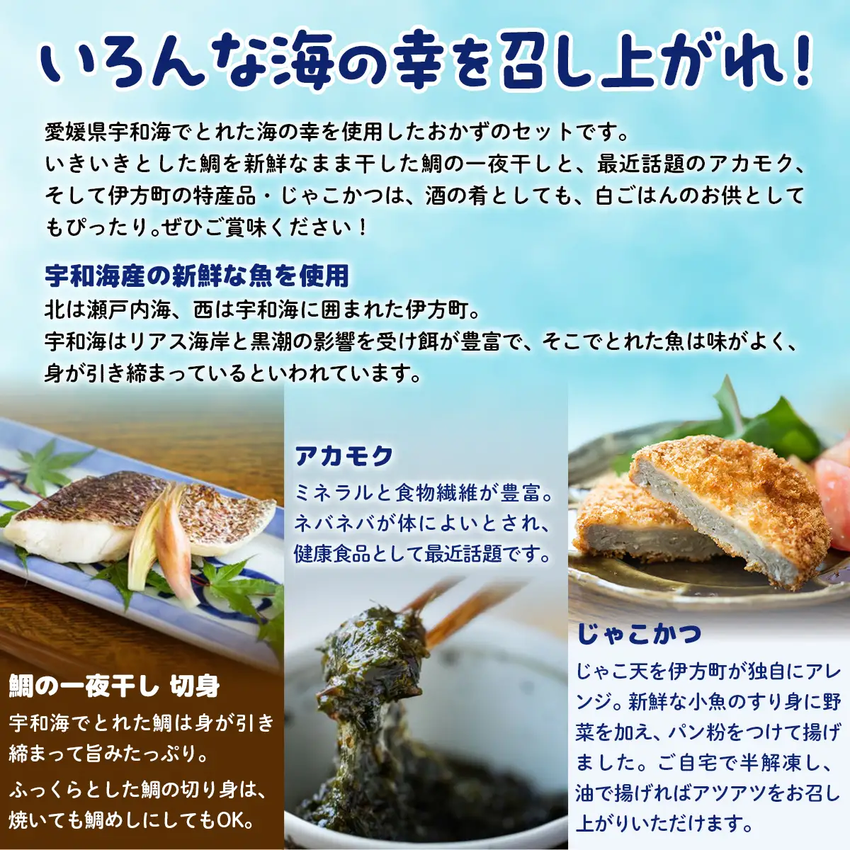 【産地直送】今夜のおかずBセット 鯛の一夜干し 切身（2尾）、アカモク（200g）、じゃこかつ（3枚入り×2）  IKTO001